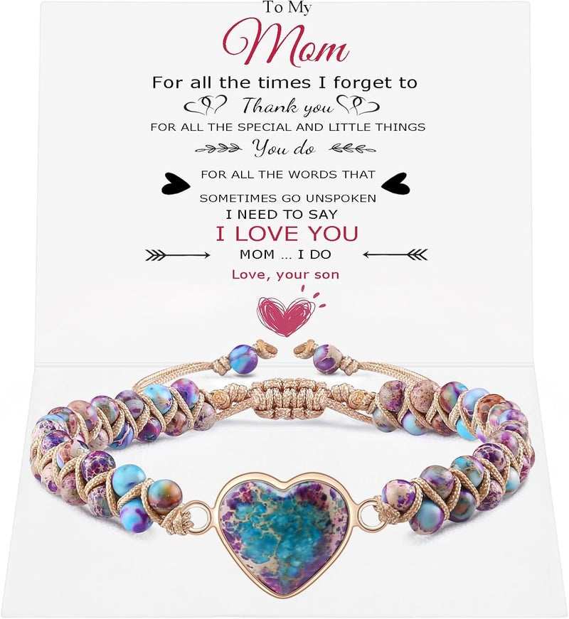 BABORI Jasper Heart Bracelet Adjustable Imperial Stone Beaded Braided Handmade Bracelet for Women Birthday Anniversary Mothers Day Christmas Graduation Jewelry Gifts for Her Mother Daughter - Image 1